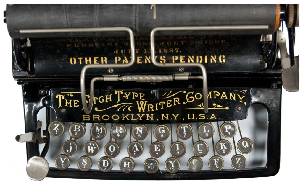Close up view of the keyboard of the Fitch 1 typewriter.