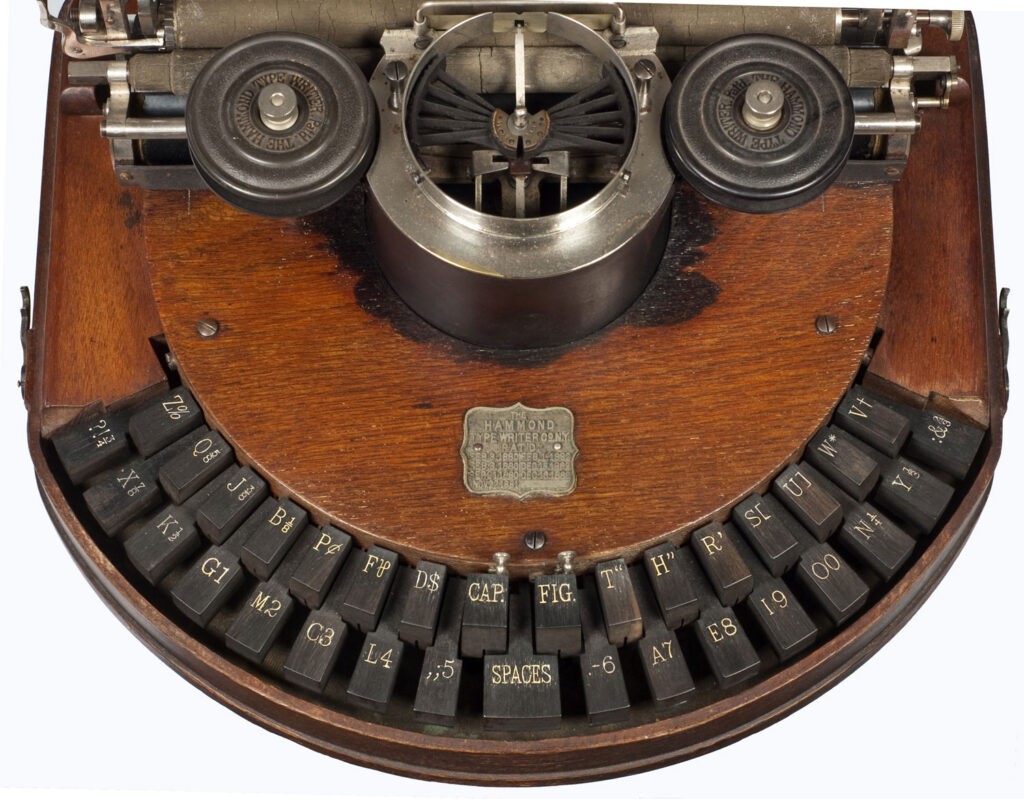 Hammond 1, with mahogany finish, close up view of keyboard.