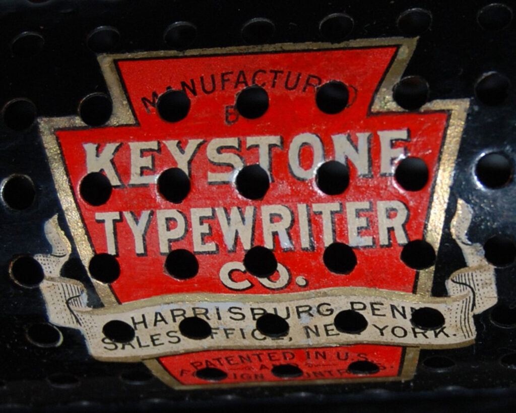 Close up view of the decal on the Keystone 1 typewriter.