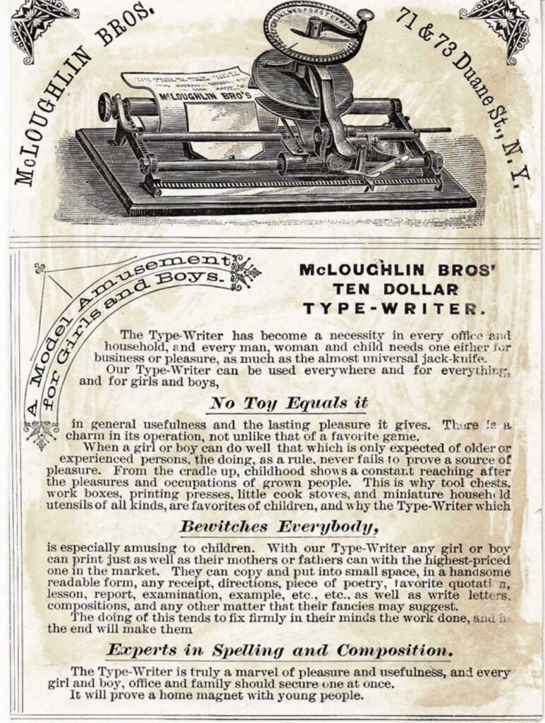 Period advertisement for the McLoughlin Brothers typewriter.