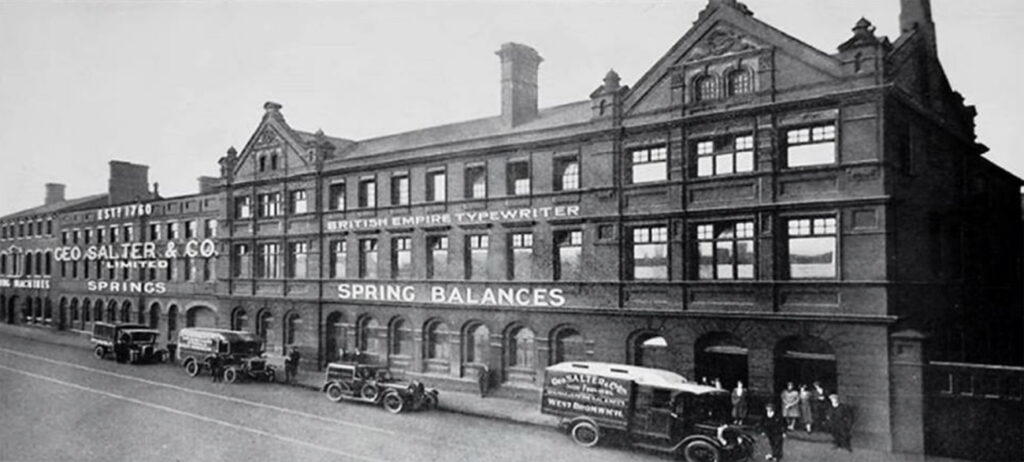 Photo postcard of the Salter 5 typewriter factory.