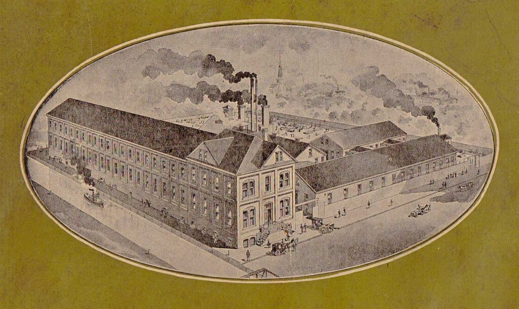 Shimer catalogue, showing the rear page with an illustration of the Shimer factory.