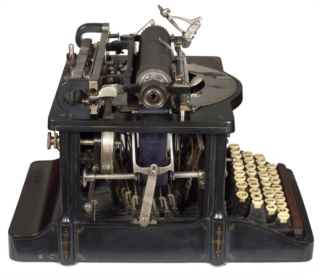 Left hand view of the Shimer typewriter.