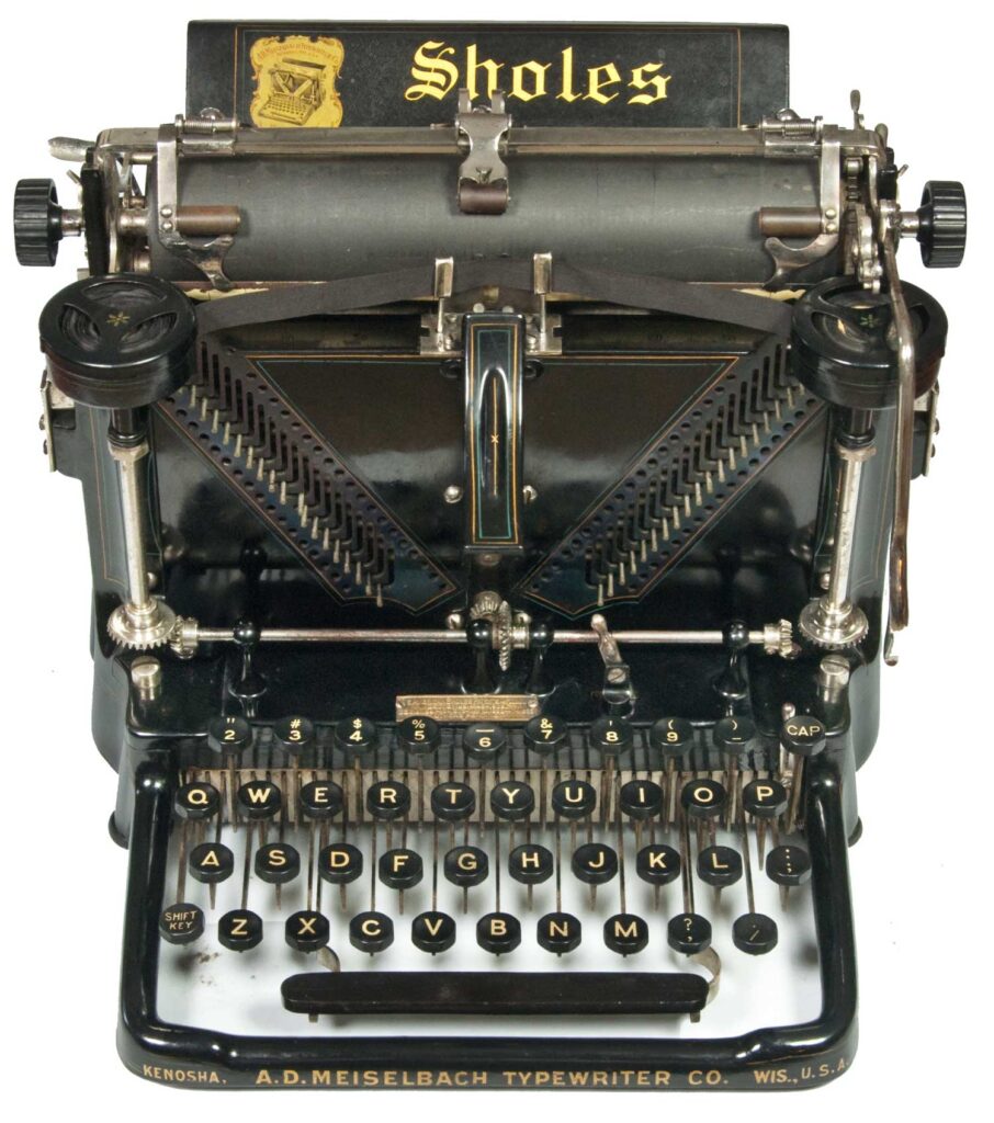 Front view of the Sholes Visible typewriter.