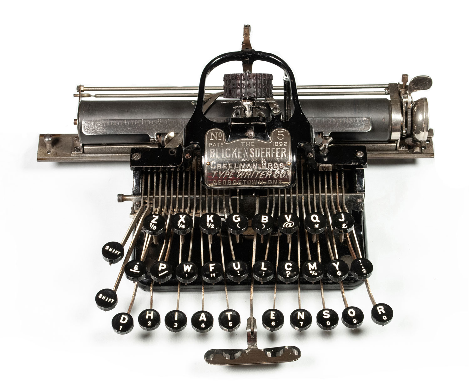 Straight on view of the Blickensderfer 5 typewriter.