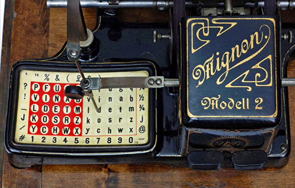Close up showing the index plate of the Mignon 2 typewriter.