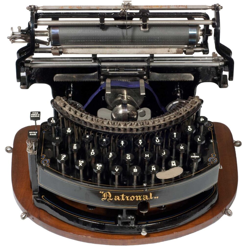 Front view of the National 1 typewriter with carriage raised.