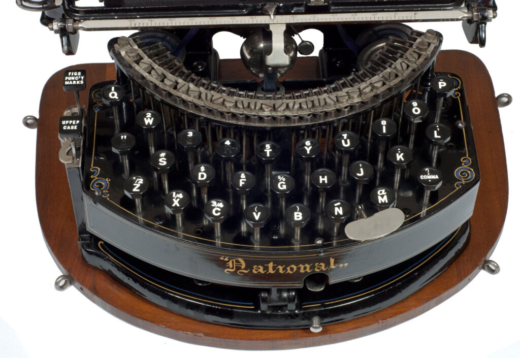 View of the keyboard on the National 1 typewriter.
