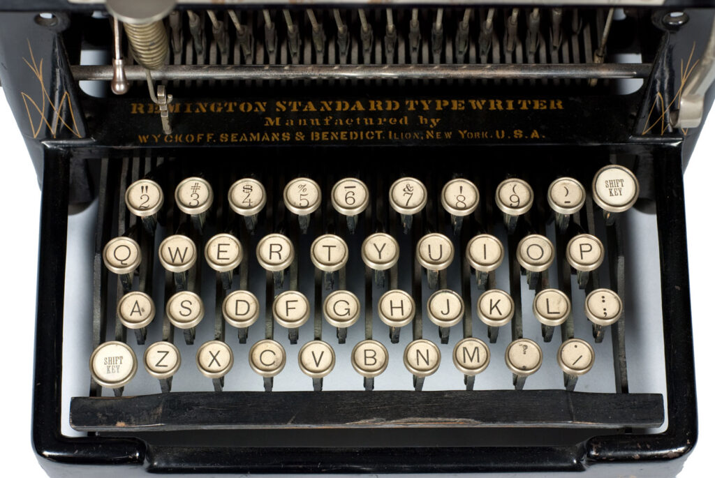 View of the keyboard on the Remington 2 typewriter.