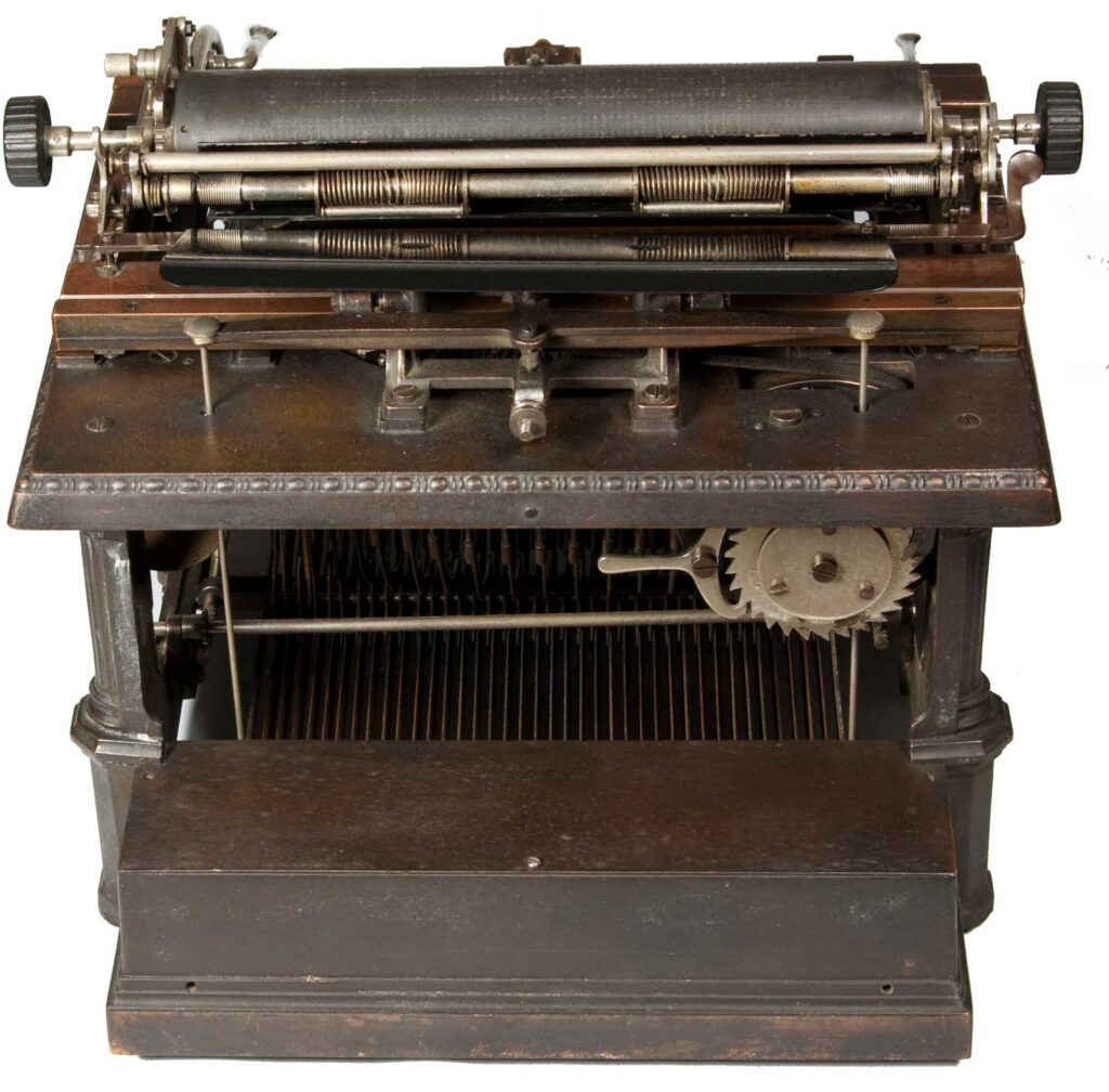 Rear view of the Remington Sholes 2 typewriter.