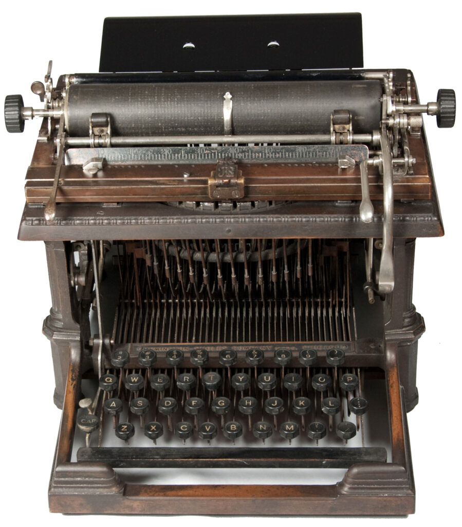 Front view of the Remington Sholes 2 typewriter.