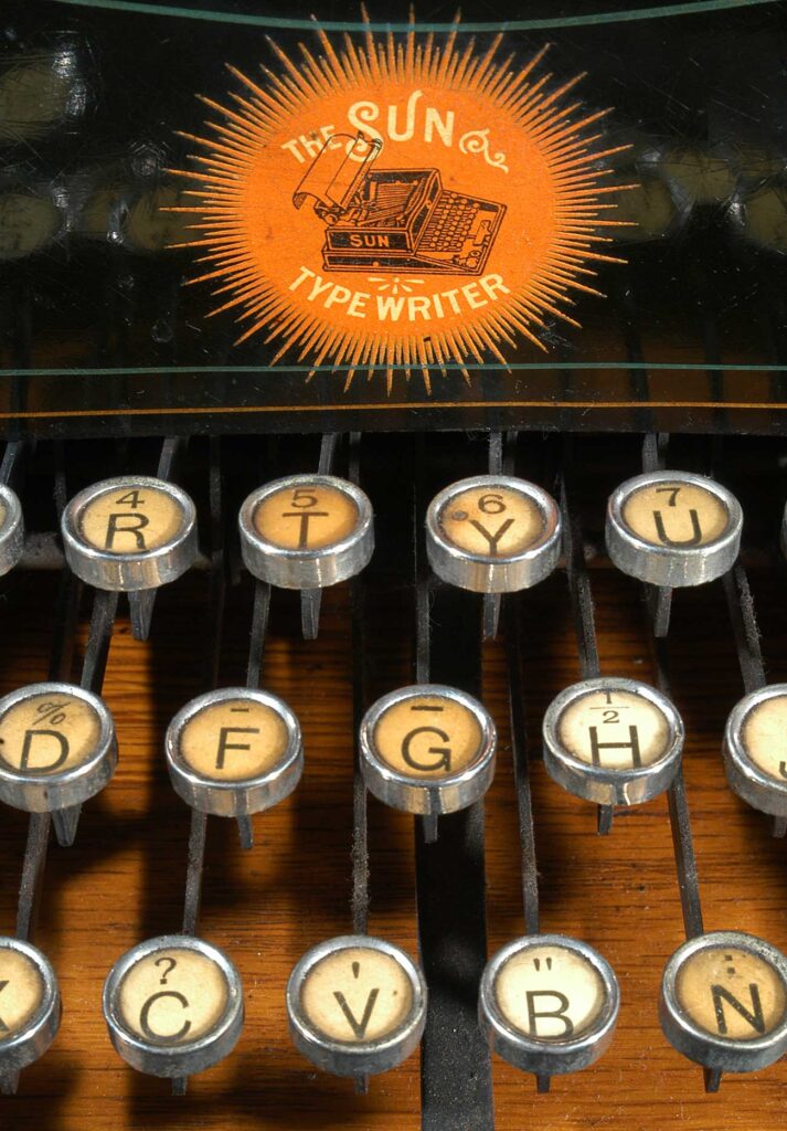 Photograph of the Sun Standard 2 typewriter showing a close up of the amazing sun burst logo.