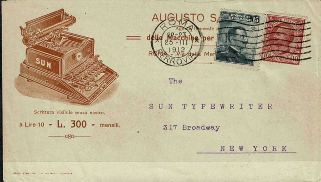 Envelope showing the Sun Standard 2 typewriter, dated 1912.