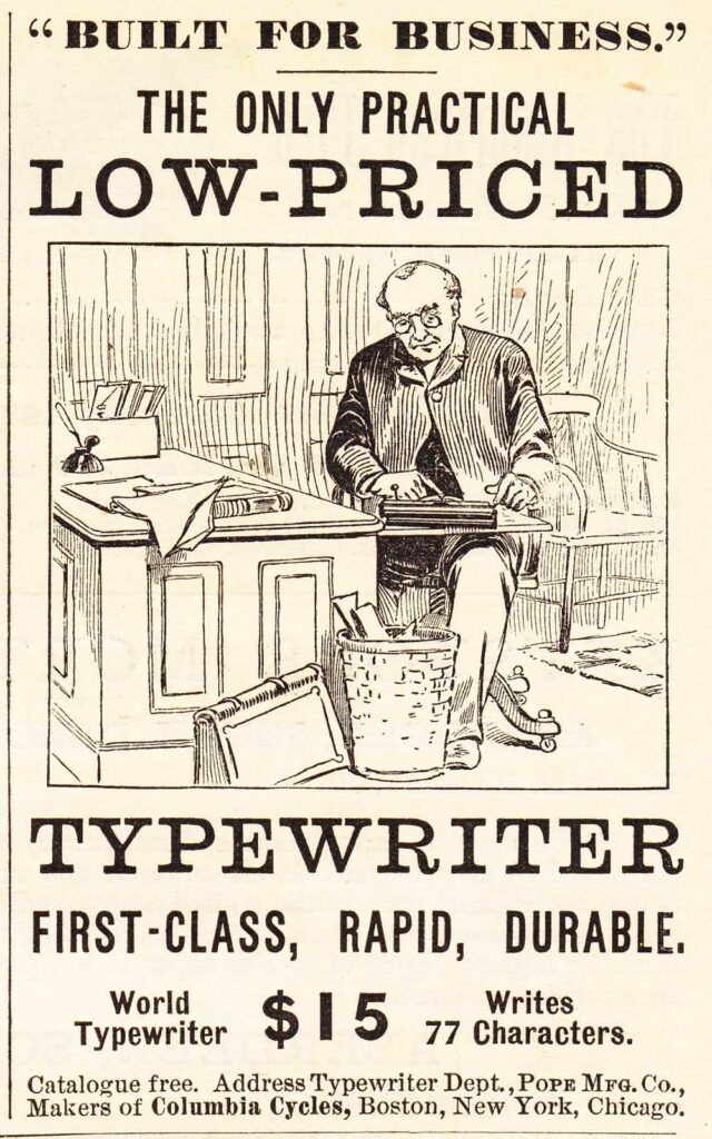 Period advertisement for the World 1 typewriter.