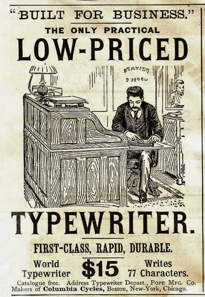 Period advertisement for the World 1 typewriter.