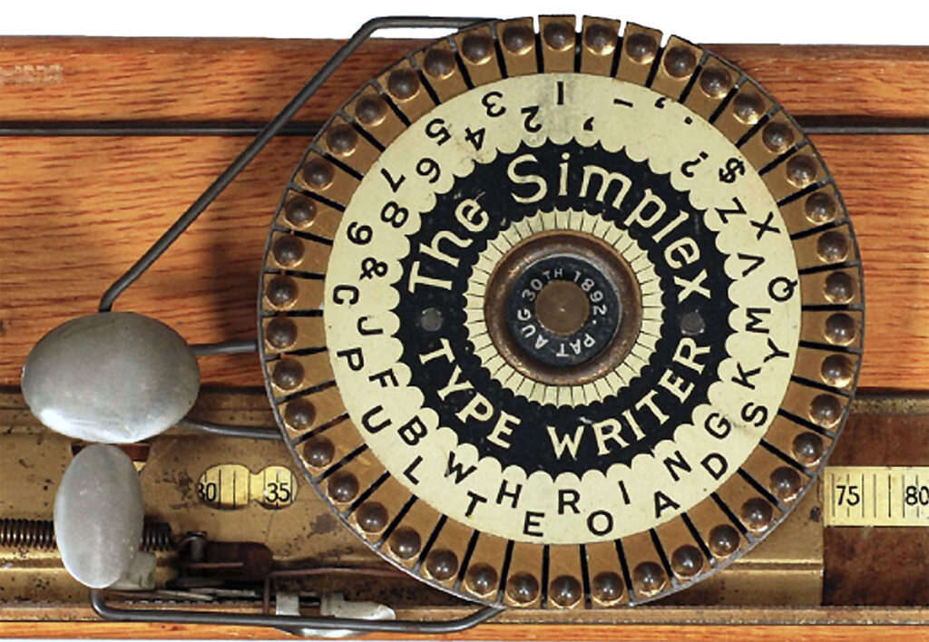 Close up view of the Simplex 1 typewriter's character index.