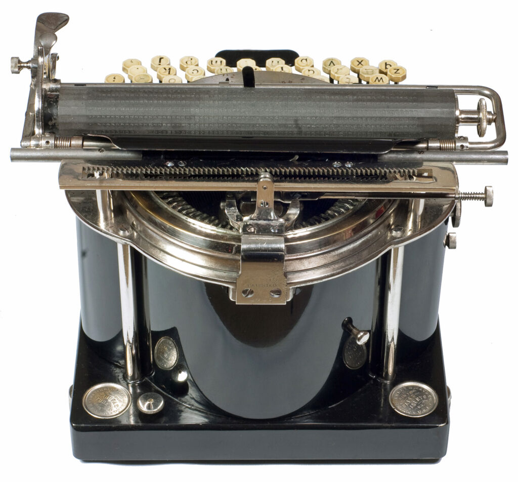Rear view of the Yost 1 typewriter.