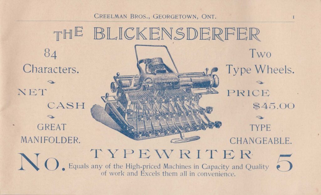 Creelman Brothers Blickensderfer 5 manual, illustrated ad (Circa 1894)