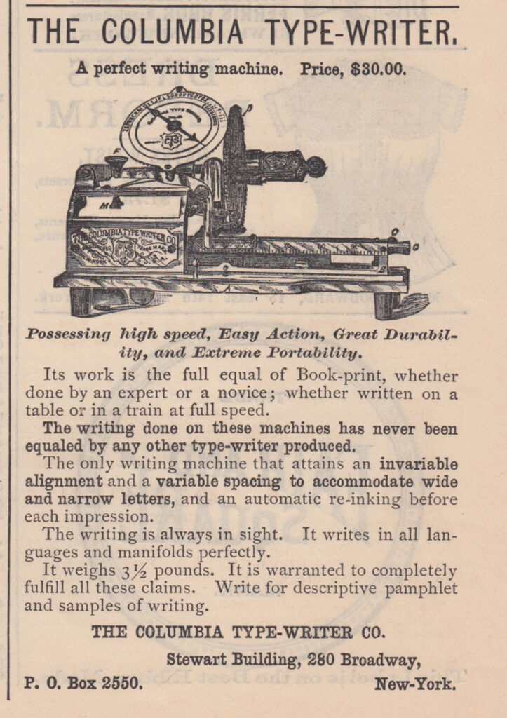 Period advertisement of the Columbia 2 typewriter.